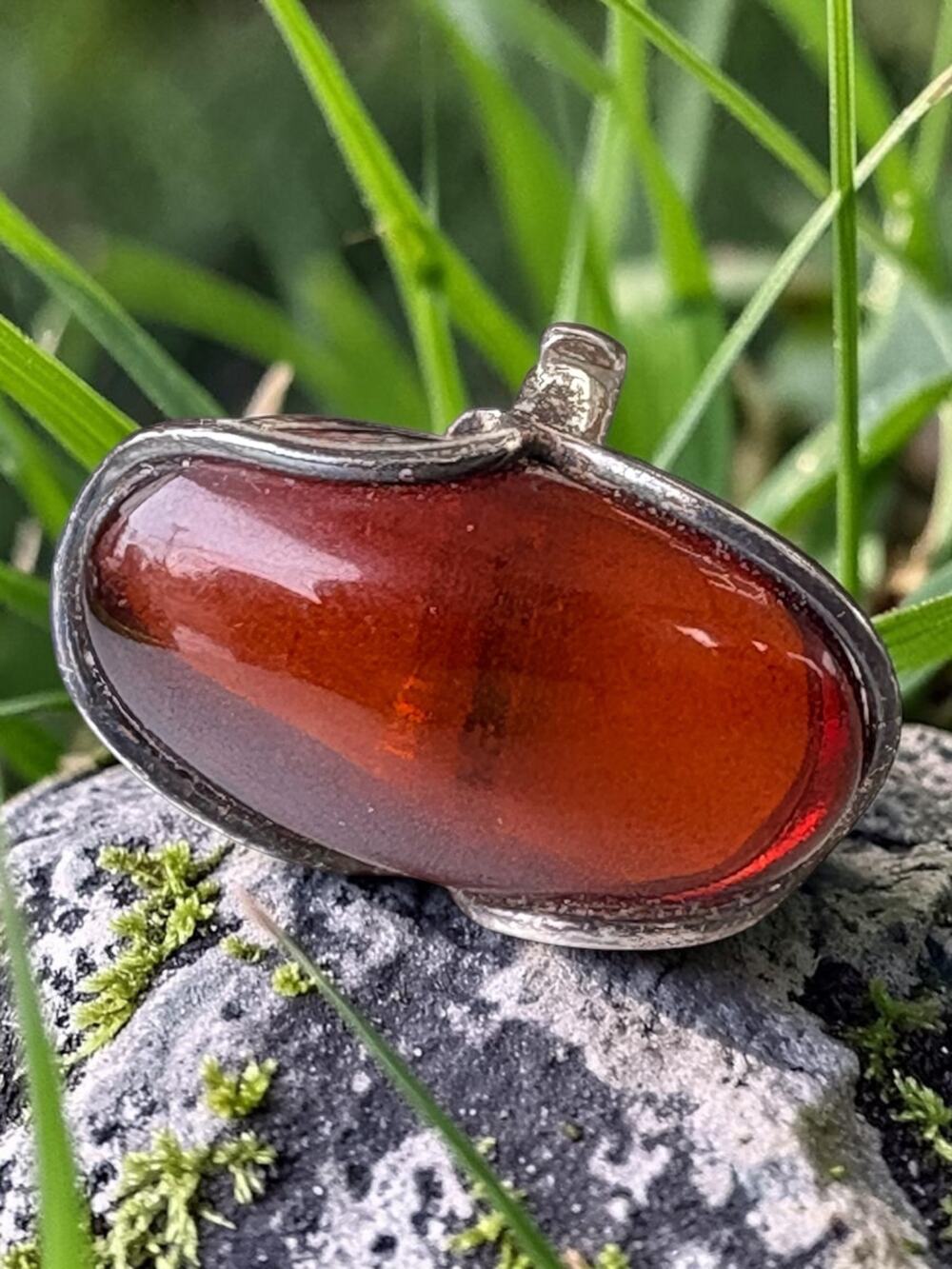 Vintage Silver Amber Oval Cabochon Bezel Statement Ring Warm Cognac Glow